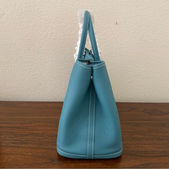 Green Blue Jean 36 CM Garden Party Real Pebble Leather Satchel Bag w/ Wide Strap - Picture 4 of 8